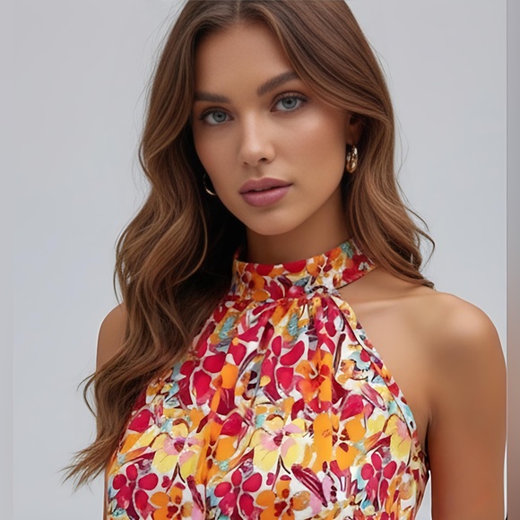 Floral Print Keyhole Back Halter  Blouse - Picture 2 of 6